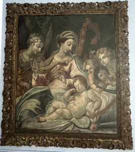 Ignoto, sec. XVII-XVIII - Madonna con il Bambino dormiente, S. Caterina e angeli musicanti - Olio su tela - proveniente dal Palazzo Vescovile di Lipari